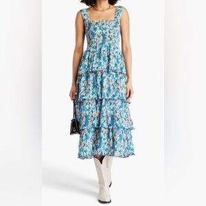Ganni Blue Floral Tiered Midi Dress-Skirt